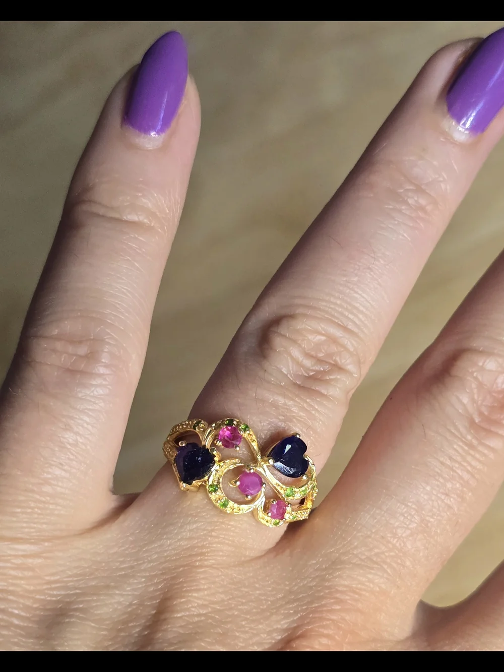 14k Gold Plated Silver Ring Blue Sapphire Hearts, Ruby, & Chrome Diopside Size 7